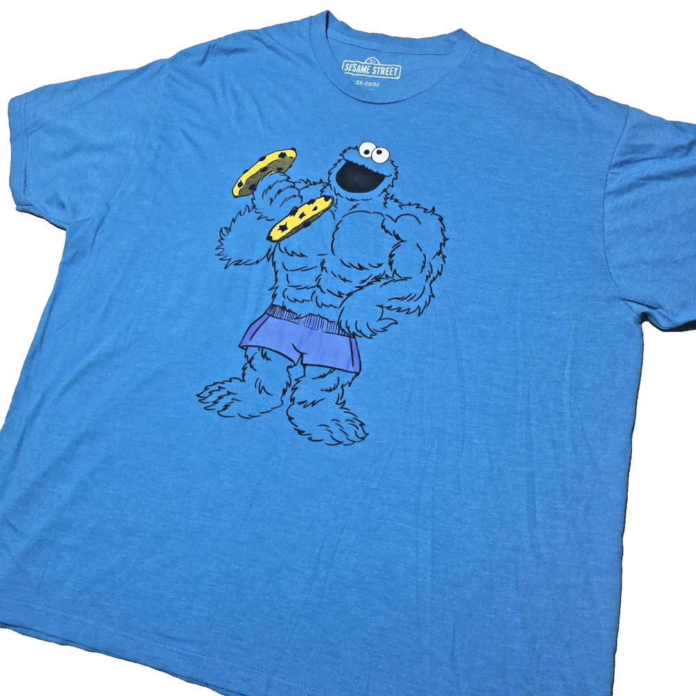 Sesame Street Cookie Monster Buff Muscle Gym T-Shirt Blue Size 2X 50/52 Graphic